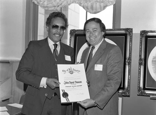 John David Duncan receiving a commendation at City Hall, Los Angeles, 1983