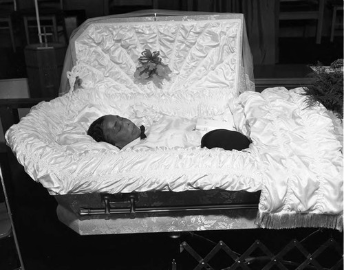 deceased in casket, Los Angeles, 1961