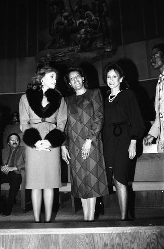 Vanessa Williams, Myrlie Evers, and Freda Payne talking together at the NAACP 75th anniversary kick-off celebration, Los Angeles, 1984