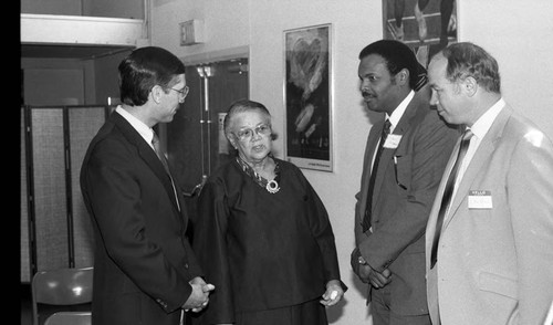 Van Meter Senior Center event participants talking together, Los Angeles, 1986