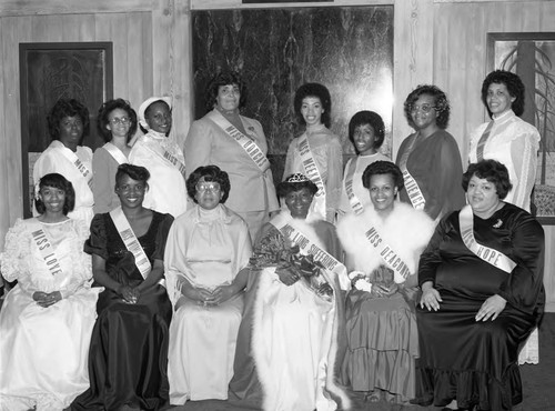 First Apostolic Church Annual Women's Breakfast Queen and her court posing together, Inglewood, 1983