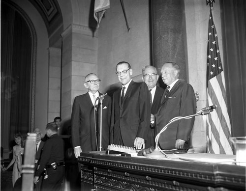 Men and microphone, Los Angeles, 1963