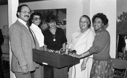 Estelle Van Meter posing with new teachers, Los Angeles, 1986