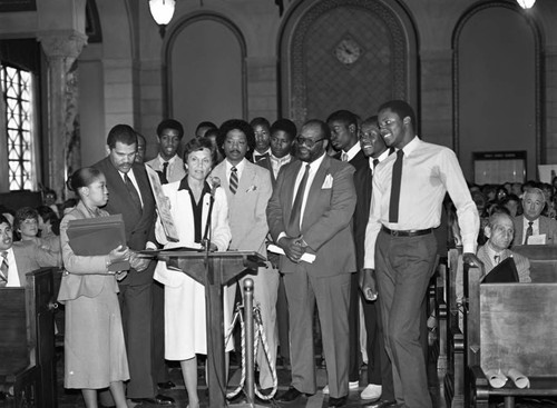 Willie West receiving a commendation, Los Angeles, 1983