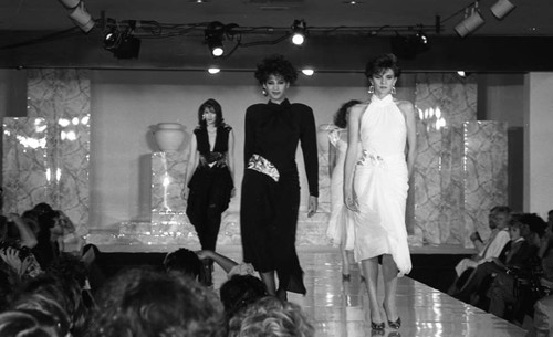 Models walking the runway during a fashion show, Los Angeles, 1986