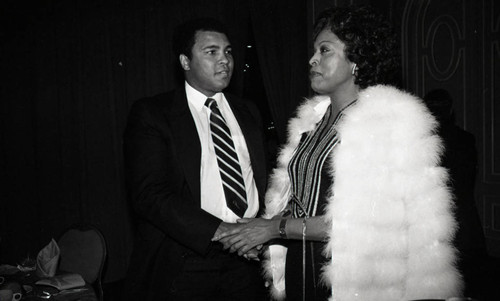 Muhammad Ali shaking hands with Diane Watson, Los Angeles, 1982