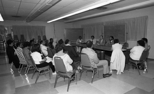 Southern Area NAACP Conference meeting attendees listening to speakers, Inglewood, California,1983