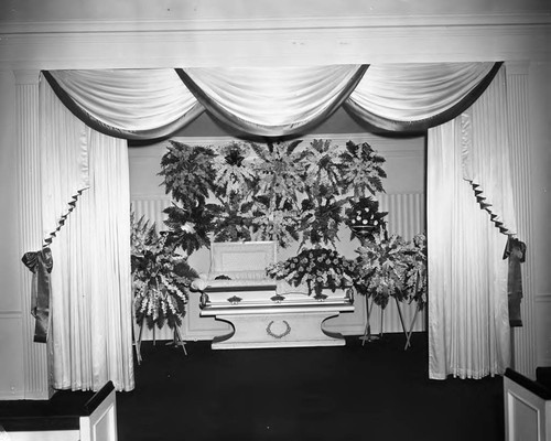 Casket at funeral home, Los Angeles, 1960