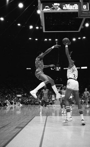 Kareem Abdul Jabbar blocking a basket at the NBA All-Star Classic, Inglewood, 1983