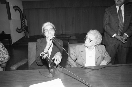 Rosa Parks with Lillian Rogers Parks speaking to a Compton Unified School District group, Los Angeles, 1983