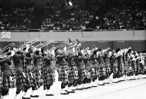 Granada Hills High School students performing at a LAUSD Band and Drill Team Championship, Los Angeles, 1983