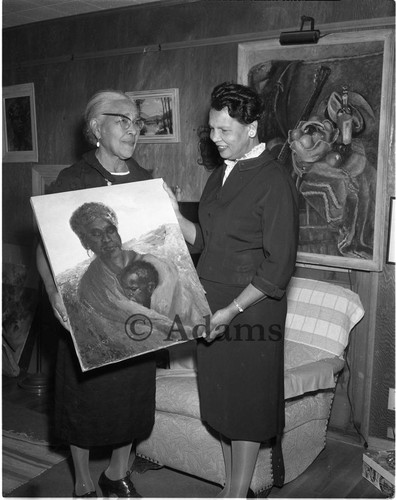 Alice T. Gafford showing a painting to Miriam Matthews, Los Angeles, 1964