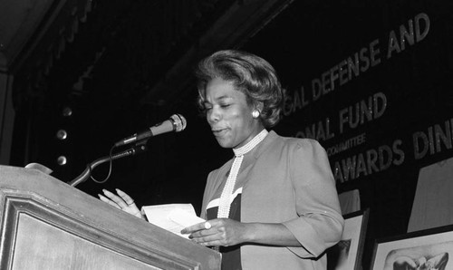 Woman speaking at the NAACP Legal Defense Equal Justice Awards Dinner, Los Angeles, 1984