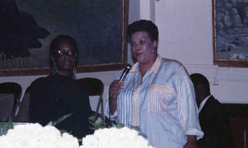 Woman speaking at the funeral service of Jessie Mae Beavers, Los Angeles, 1989