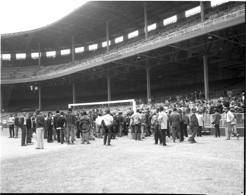 Conference of the Unemployed attendees gathering at Wrigley Field, Los Angeles, 1964