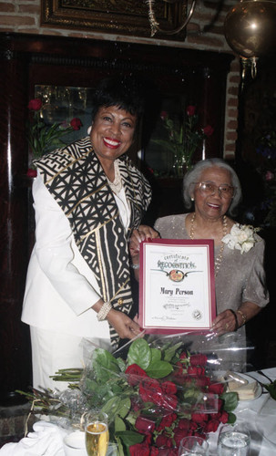 Mary Person receiving an award, Los Angeles, 1997