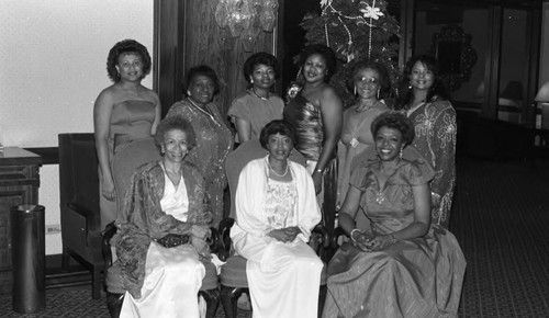 Los Angeles Alumnae Chapter of Delta Sigma Theta Sorority officers posing together at the Red and White Ball, Los Angeles, 1987