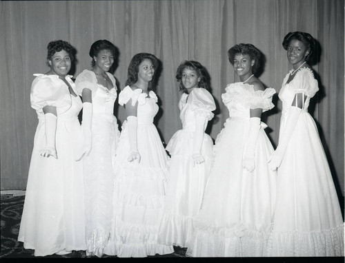 Epsilon Eta Omega Chapter, AKA debutantes posing together, Los Angeles, 1984