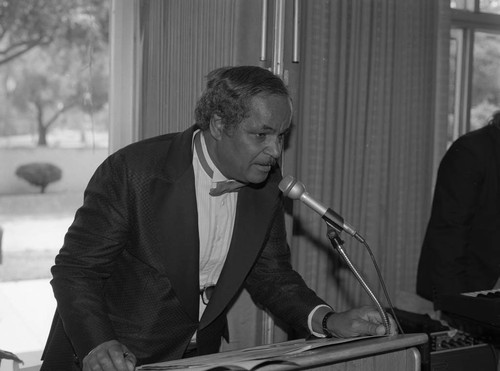 Man speaking at a Los Angeles Urban League event, Los Angeles, 1988