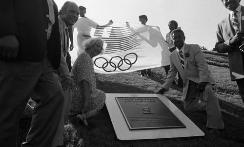 Jesse Robinson posing at the dedication of a park in his honor, Los Angeles, 1987