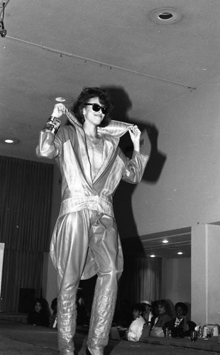 Model walking the runway during a fashion show, Los Angeles, 1985