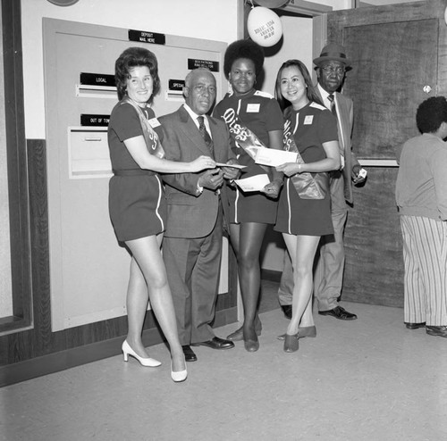 Gilbert Lindsay posing with postal workers at the new Kearny Post Office opening, Los Angeles, 1972
