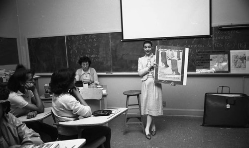 Woman lecturing during Career Day at Dorsey High School, Los Angeles, 1982