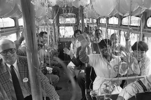 Riders initiating the new Inglewood shuttle, Los Angeles, 1986