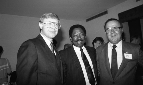 Michael Antonovich and Deane Dana posing together at an event, Los Angeles, 1985