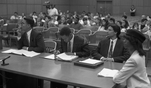 Dorsey High School students participating in a mock trail competition, Los Angeles, 1989