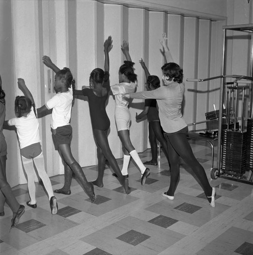 Girls learning ballet during a class a Compton College, Compton, 1972