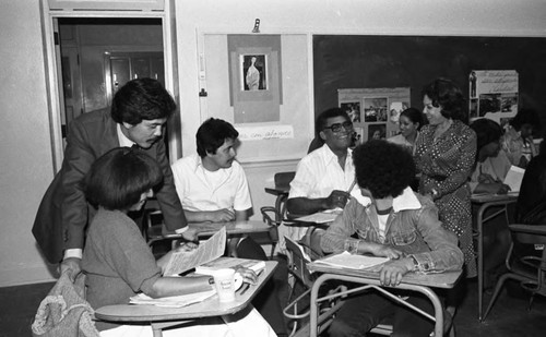 Adults talking together in a Dorsey Adult School ESL class, Los Angeles, 1980