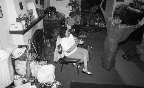 Mamie Finkley watching Barhella Williams entertain at her 86th birthday party, Los Angeles, 1989