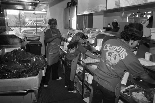 Clemon's Restaurant staff preparing food, Los Angeles, 1984