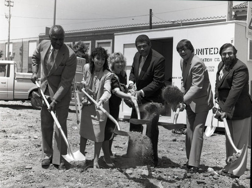 Community Redevelopment Agency members breaking ground for the Pico Fiesta Shopping Center, Los Angeles, 1983