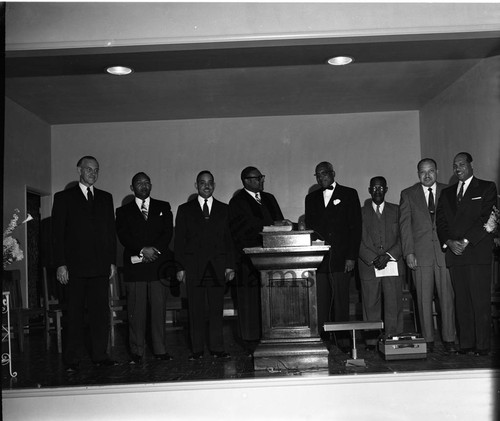 group of men at podium, Los Angeles, 1958