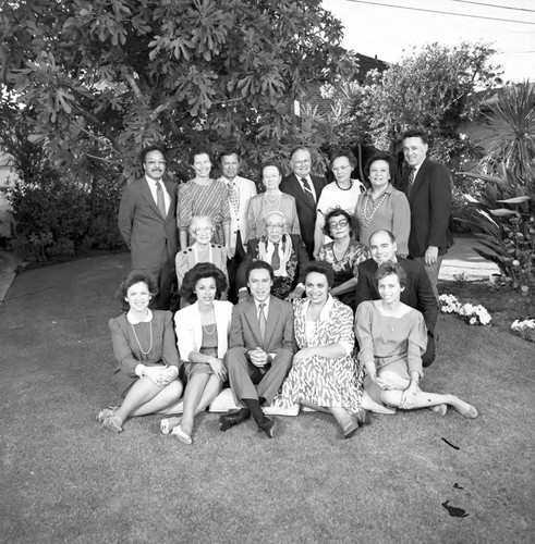 Dr. H. Claude Hudson posing with family during his 100th birthday celebration, Los Angeles, 1986