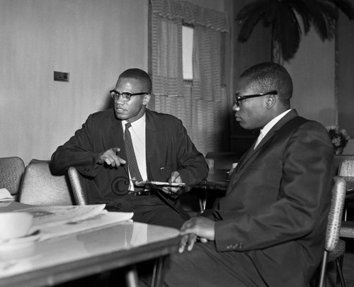 Malcolm X meeting with Minister John Shabazz, Los Angeles, 1962