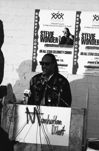 Stevie Wonder speaking at a press conference to announce the "Rejoice in L.A." concert, Los Angeles, 1989