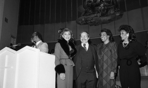 Vanessa Williams, Myrlie Evers, Freda Payne and others standing together at the NAACP 75th anniversary kick-off celebration, Los Angeles, 1984