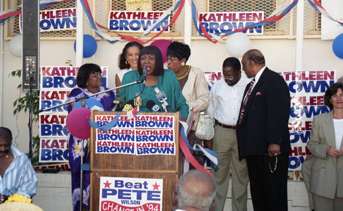 Kathleen L. Brown campaign participants speaking at an event, Los Angeles, 1994