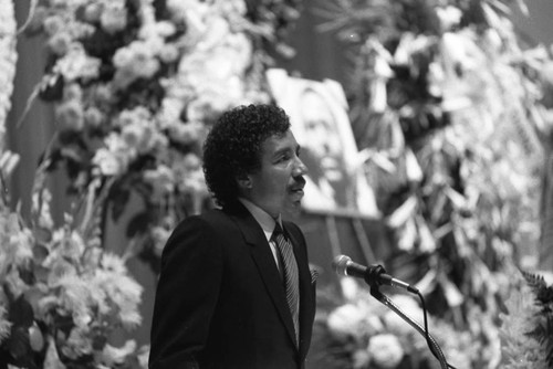 Smokey Robinson speaking at Marvin Gaye's funeral service, Los Angeles, 1984