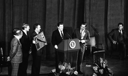 Ronald Reagan speaking while presented with a plaque from the Los Angeles County Board of Supervisors, Los Angeles, 1982