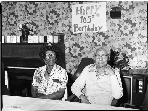 Elderly women celebrating a 105th birthday, Los Angeles, 1983