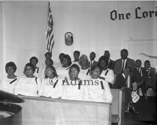 African American choir seated in church, Los Angeles, 1967