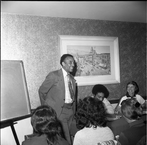 Arnett Hartsfield speaking at an A. Philip Randolph Institute event, Los Angeles, 1973