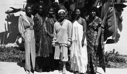 Women posing together during a fashion Show, Los Angeles, 1984