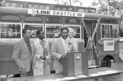 Edward Vincent unveiling a new Ingelwood shuttle, Los Angeles, 1986