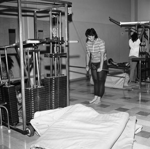 Women exercising in the Compton College gym, Compton, 1972