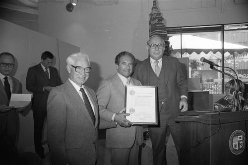 Children's Museum event guests William Hanna and Joseph Barbera receiving a commendation, Los Angeles, 1982